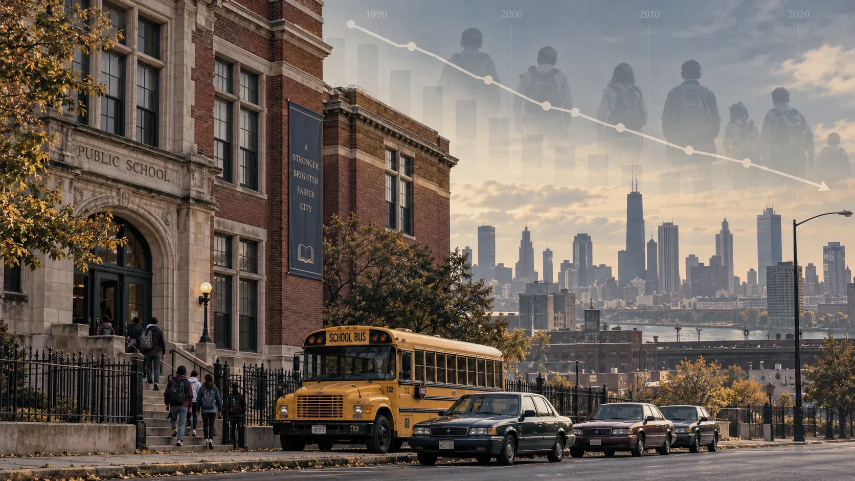 Older urban public school with a school bus and declining enrollment trend graphic, representing shrinking big-city school districts