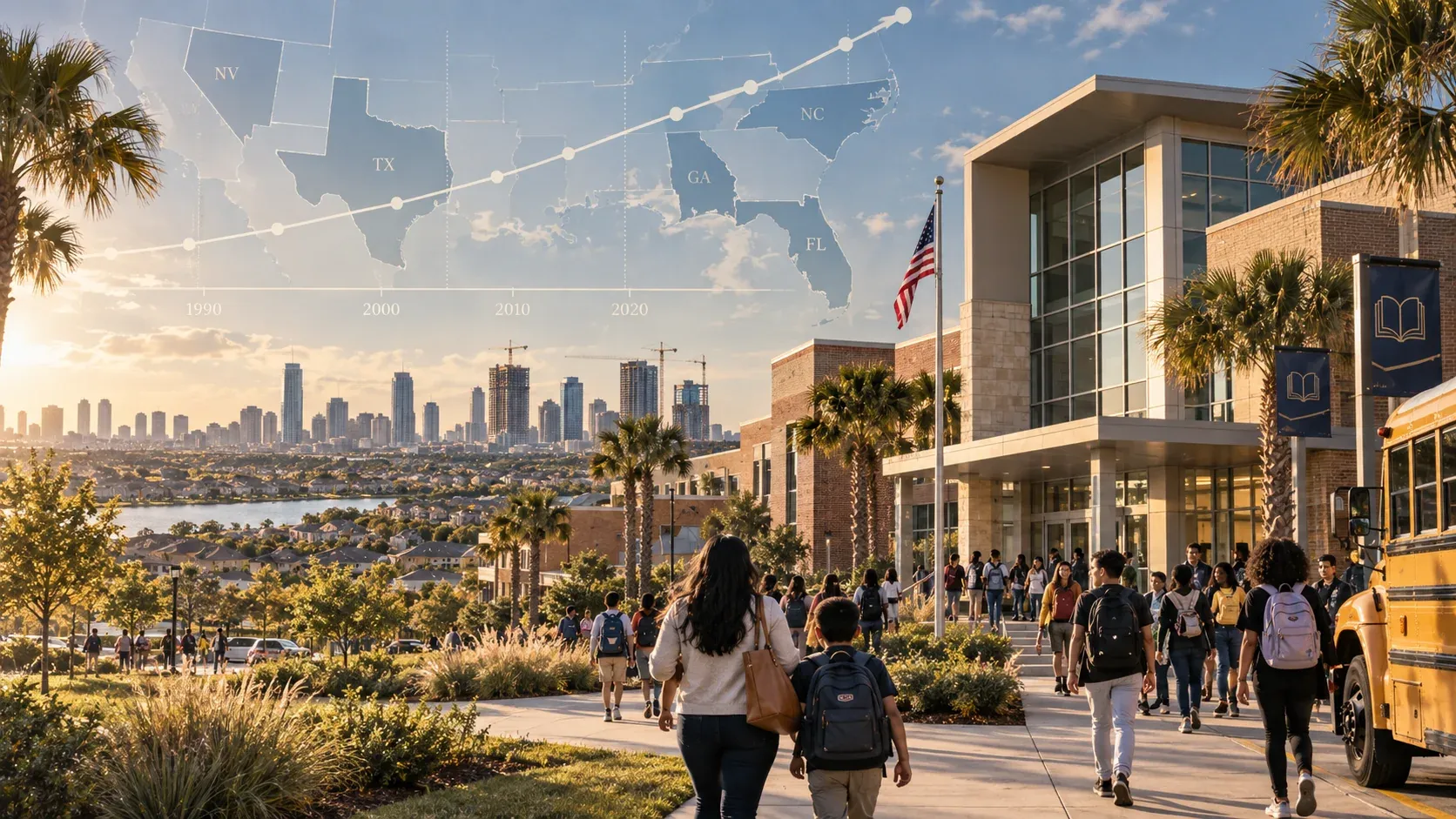 Modern Sun Belt school campus with students and a rising enrollment trend graphic, representing growth in Southern school districts.