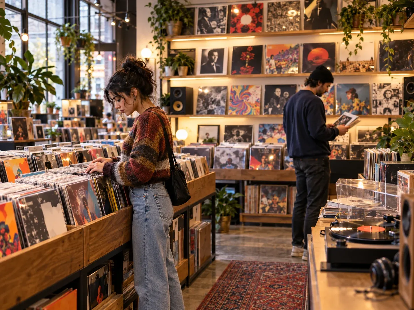 Shoppers browsing vinyl records in a modern record store, illustrating the resurgence of vinyl in the streaming era