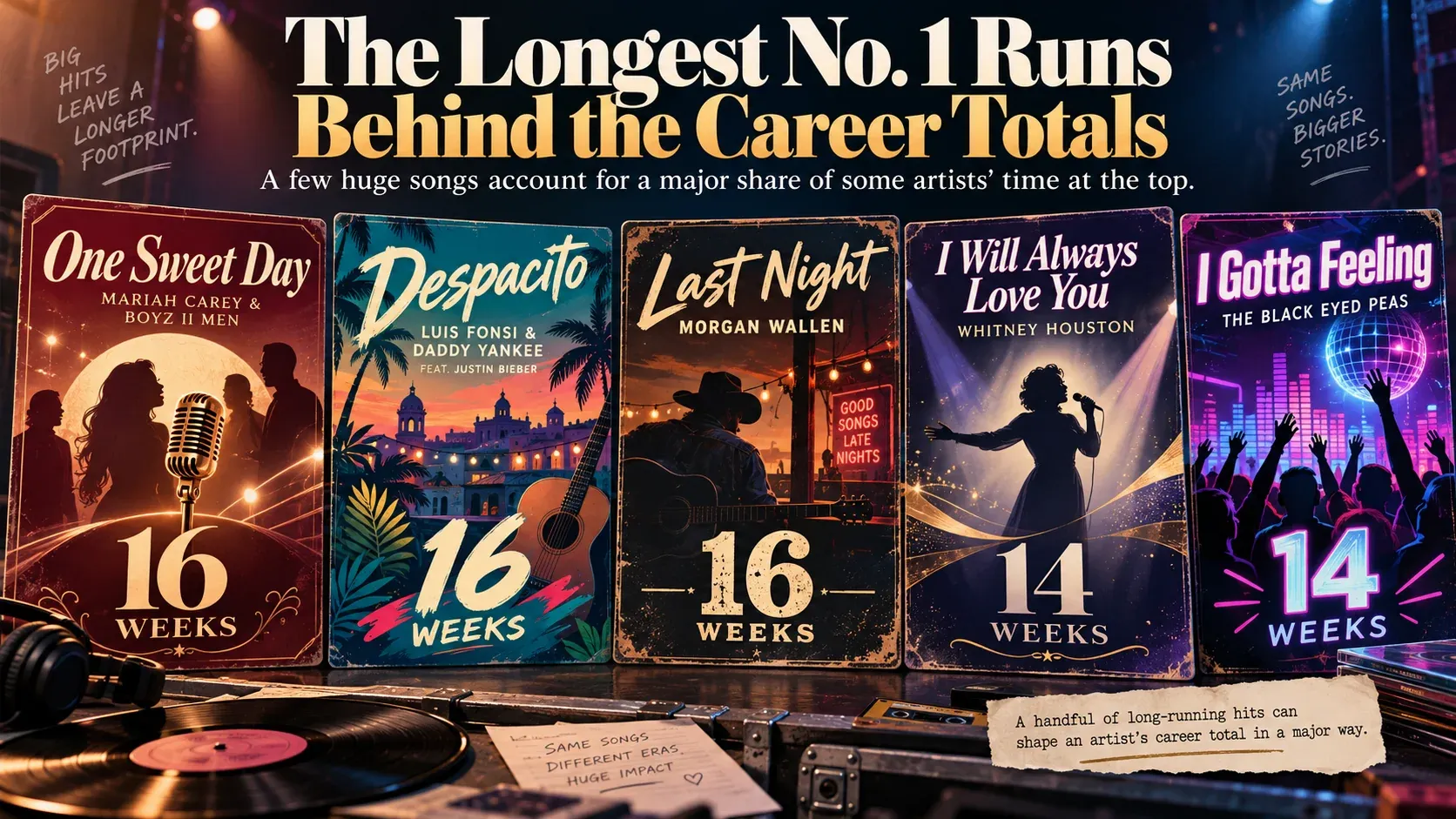 Infographic showing five long-running No. 1 songs that contributed heavily to artists’ career totals, including “One Sweet Day,” “Despacito,” “Last Night,” “I Will Always Love You,” and “I Gotta Feeling.”