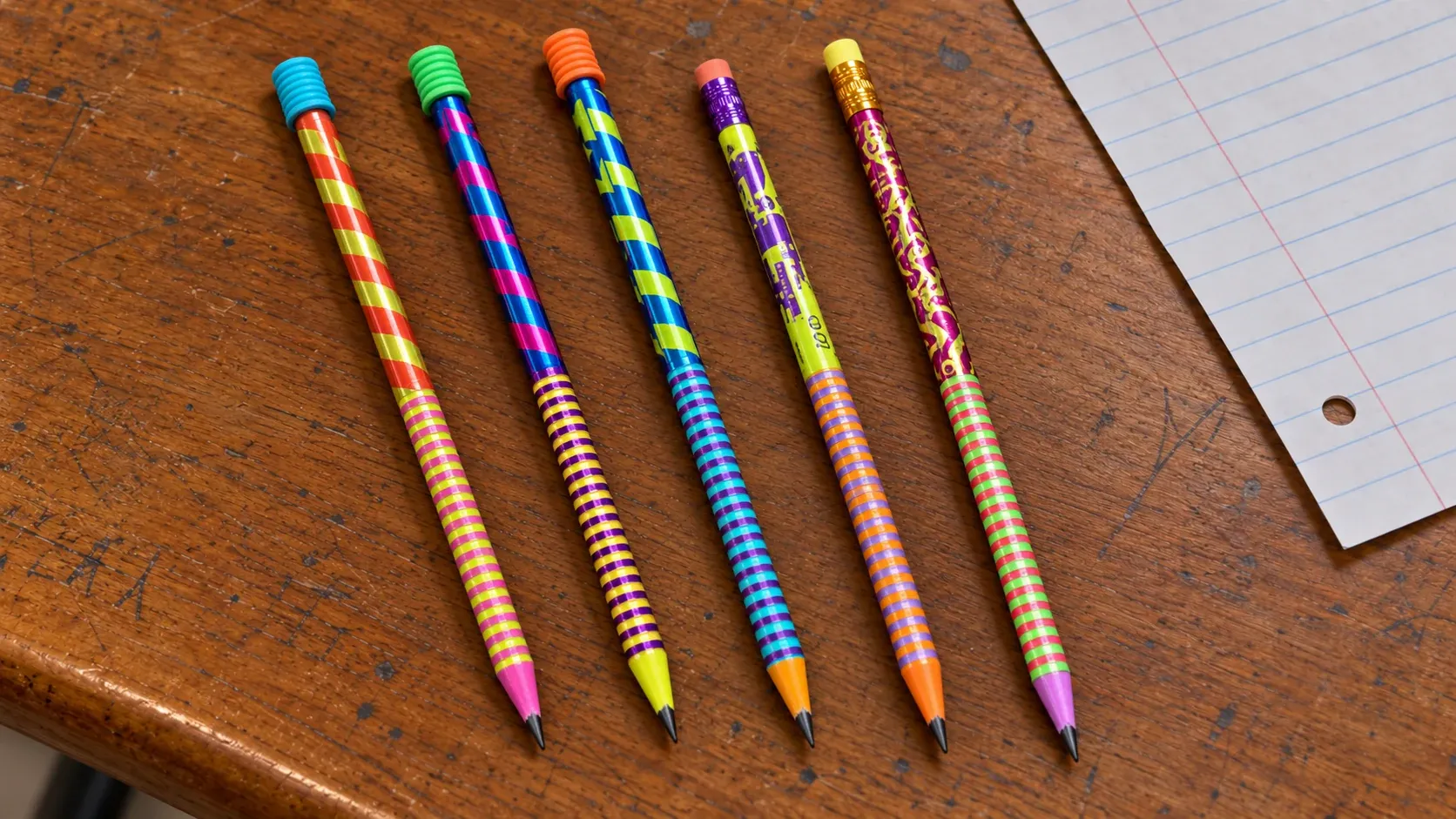 Patterned Yikes! pencils with ribbed erasers and contrasting colored tips.
