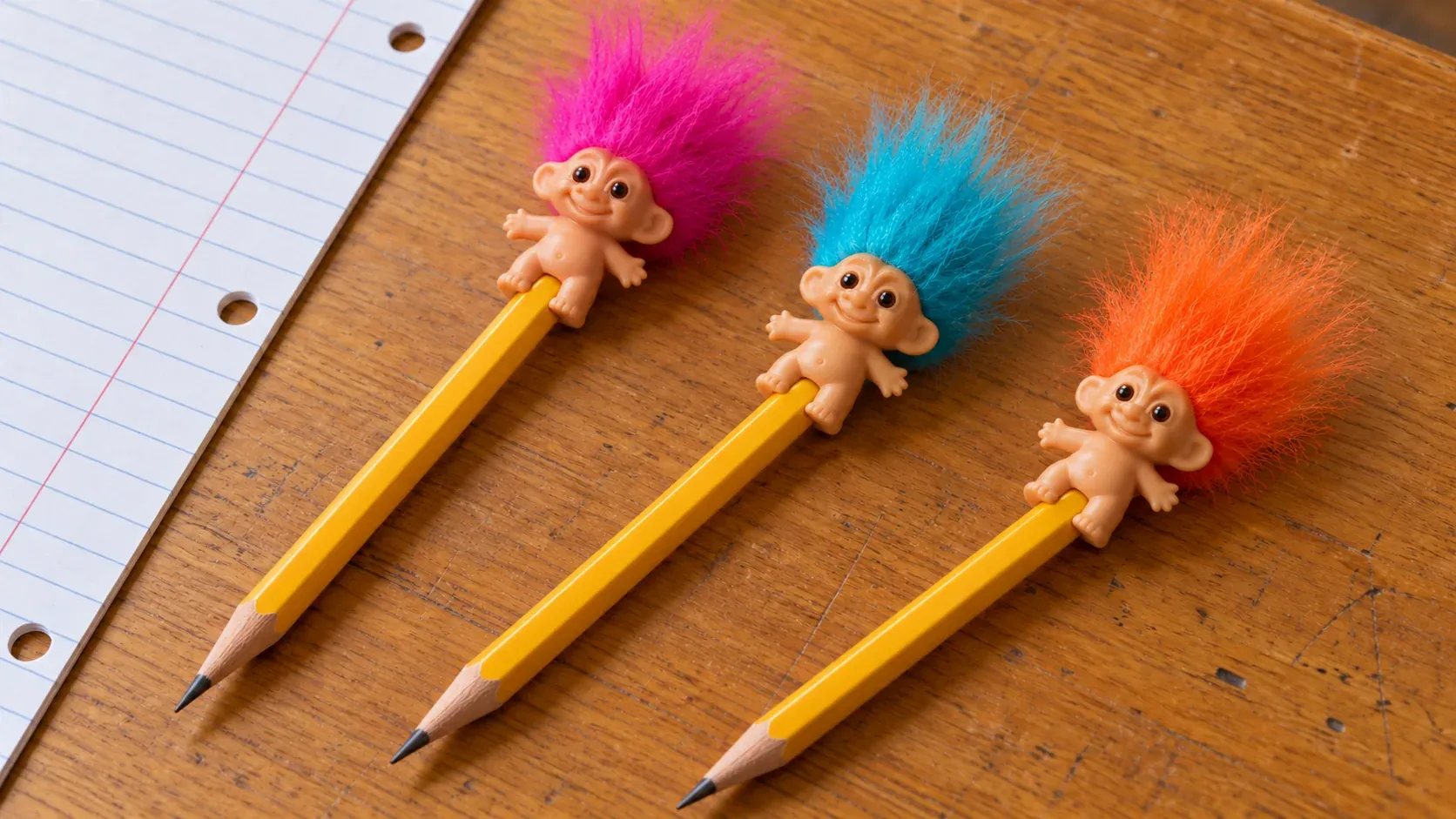 Troll pencil toppers with brightly colored hair