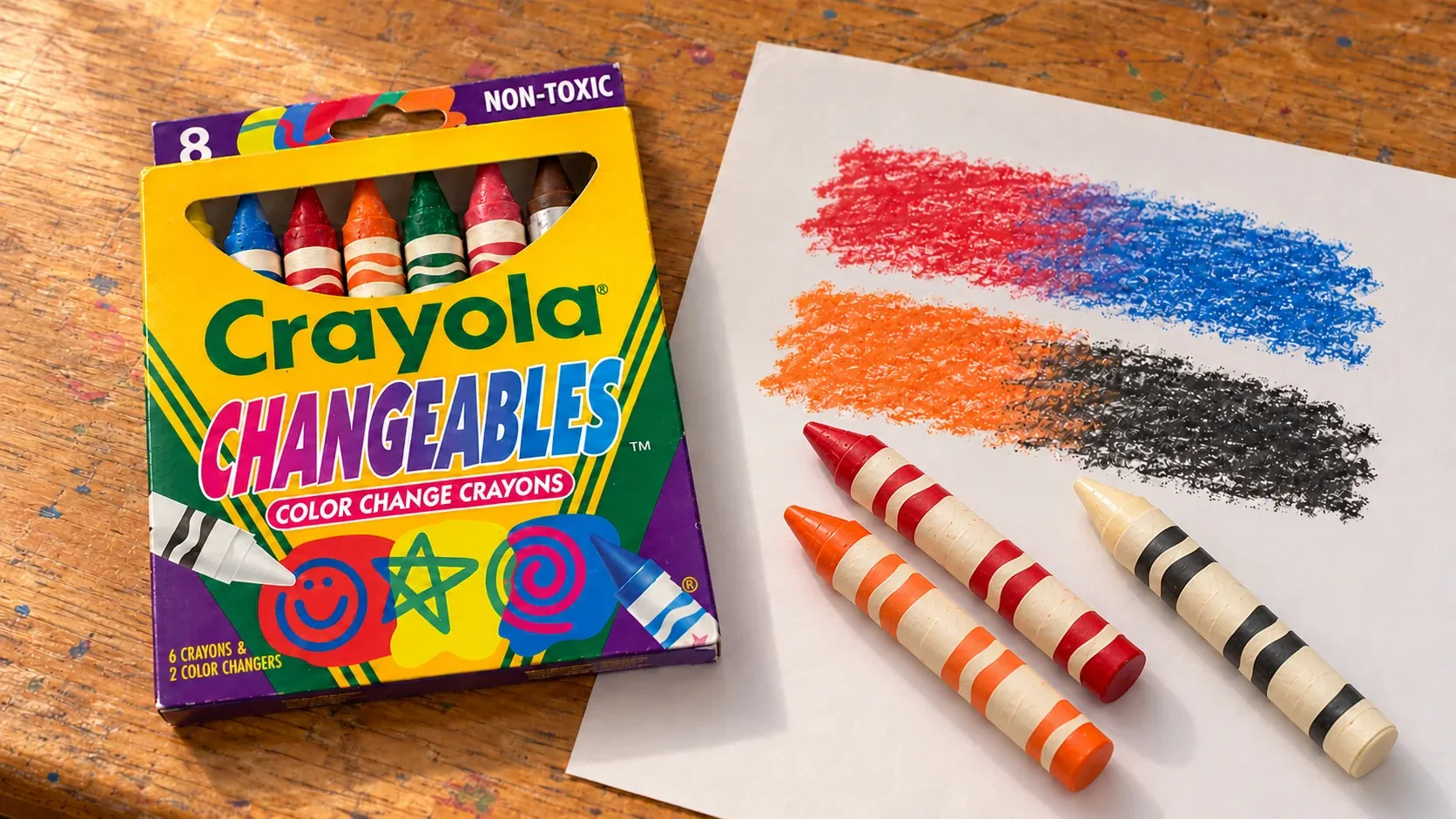Crayola Changeables box with red and color-changing crayons.