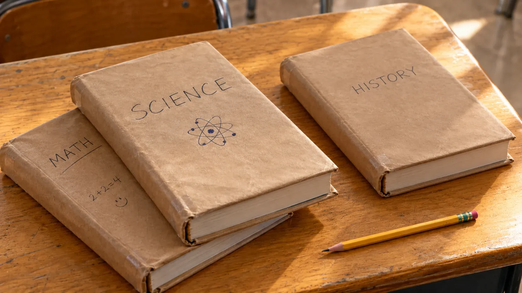 Math, science and history textbooks covered with brown paper grocery bags.