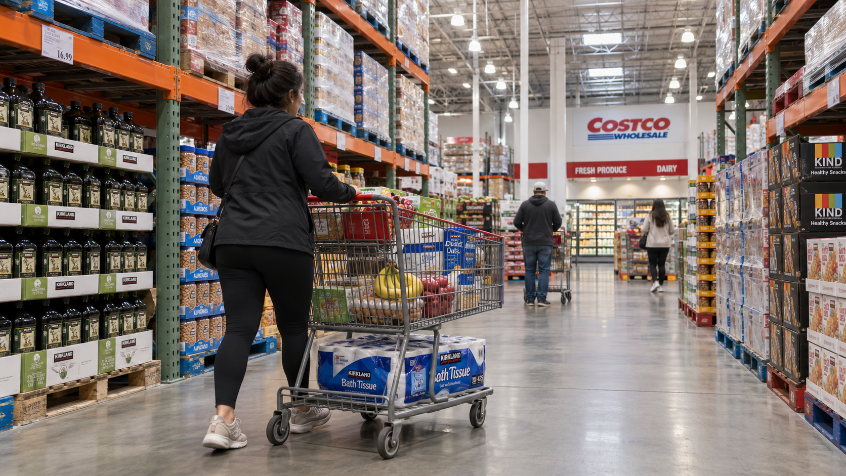 Illustrated Costco warehouse aisle with bulk groceries and a loaded shopping cart.