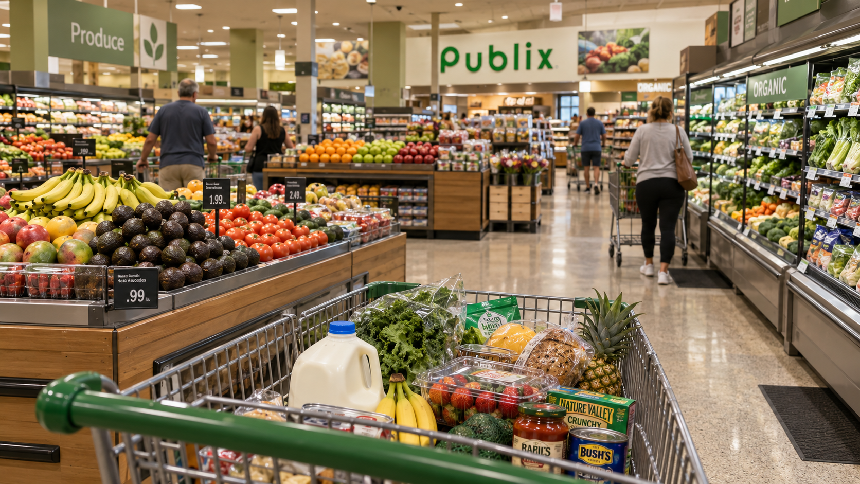 Shopping cart filled with groceries in an illustrated Publix produce department.