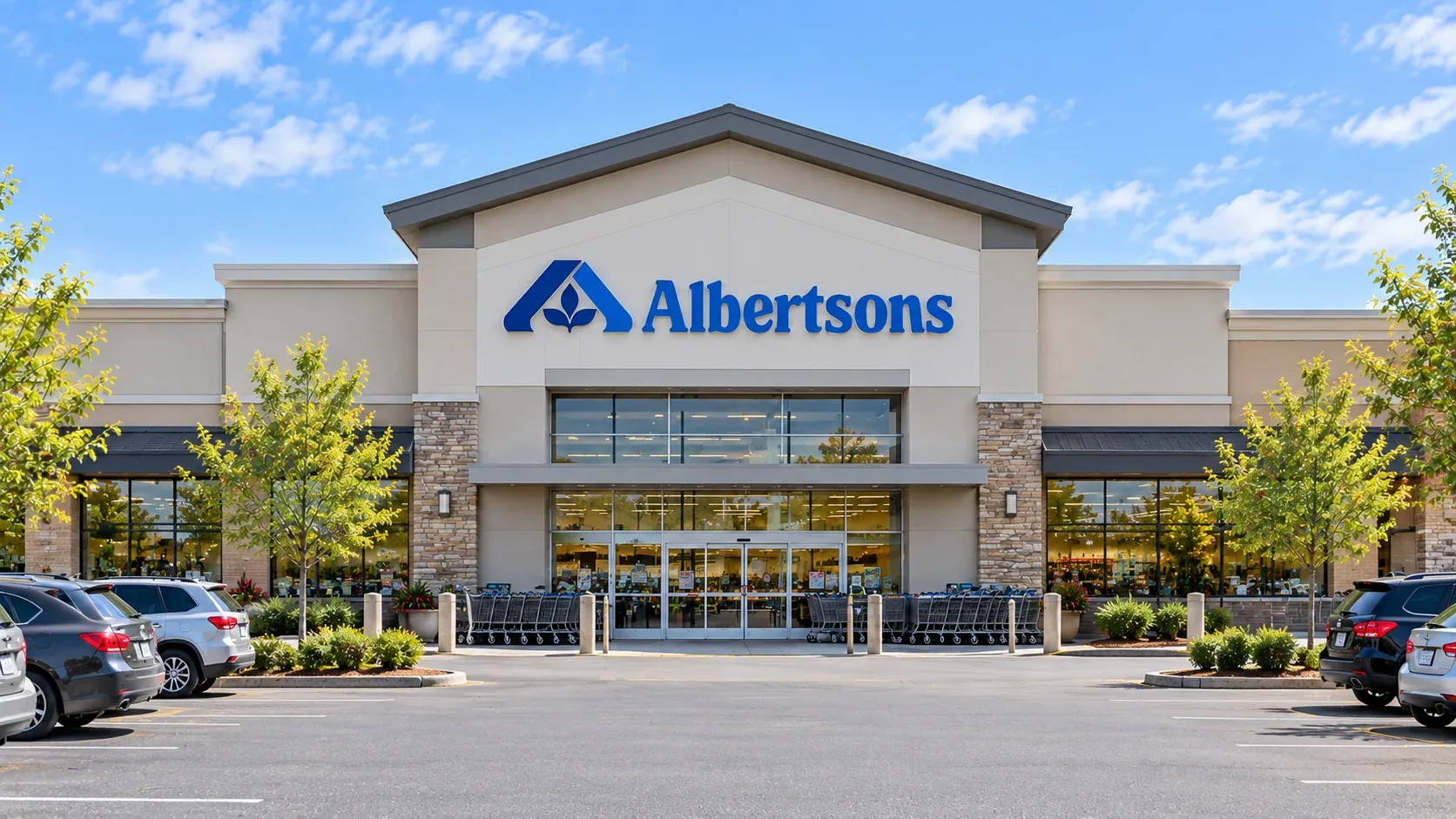 Illustrated Albertsons supermarket storefront with its blue sign, entrance and shopping carts.