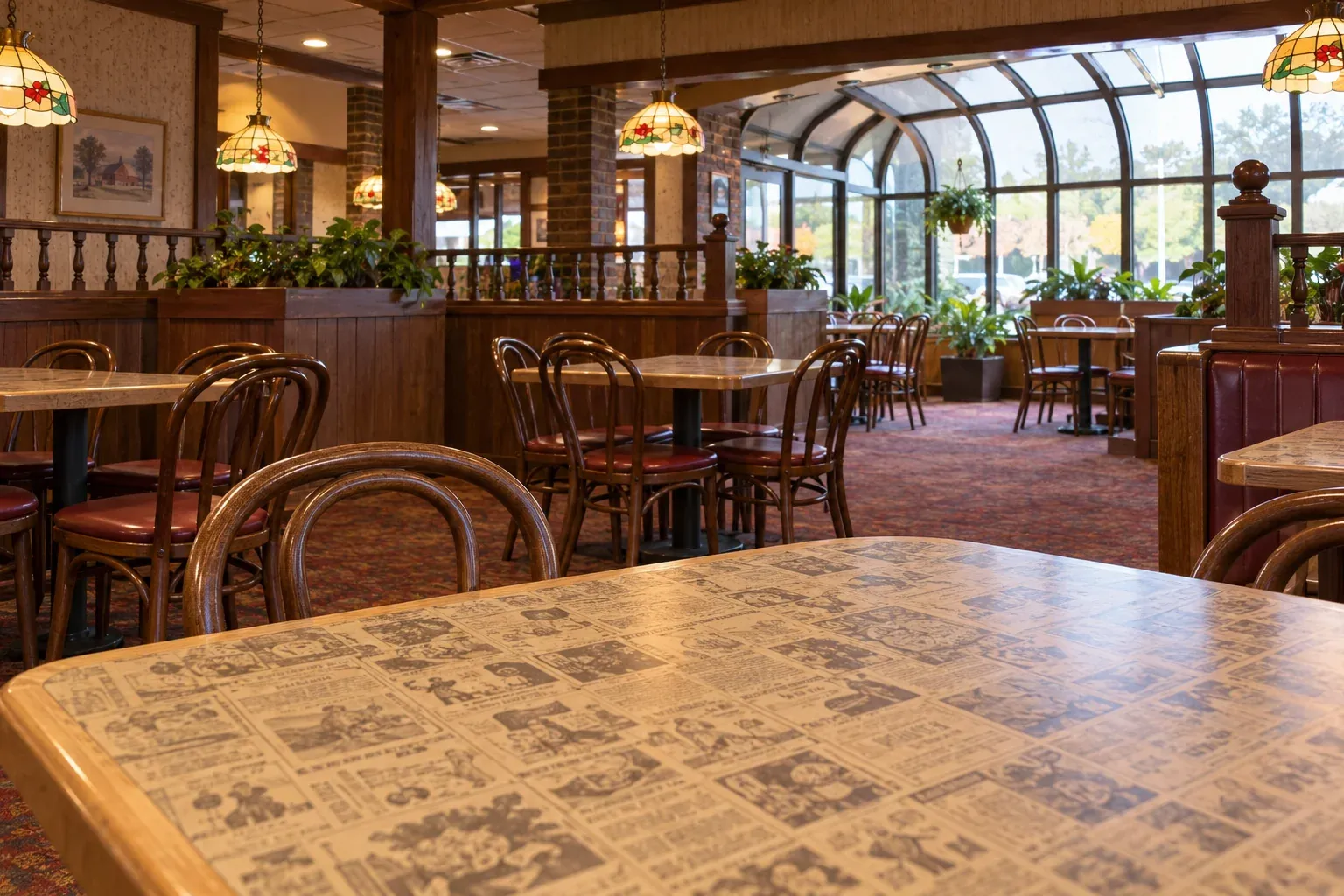 Recreated dining room with newspaper-print tabletops, bentwood chairs, and a curved-glass sunroom.