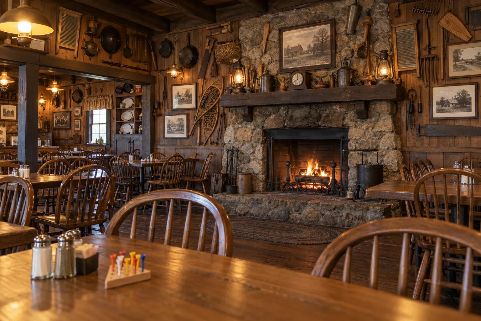 Recreated country-style dining room with a stone fireplace, antiques, wooden chairs, and a peg game.
