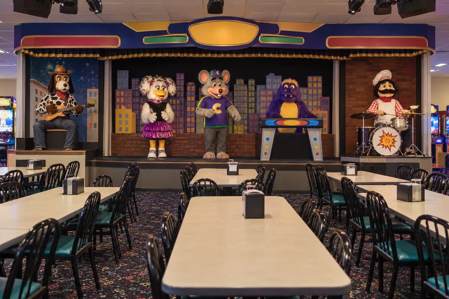 Recreated family pizza dining room with an animatronic animal band on stage.