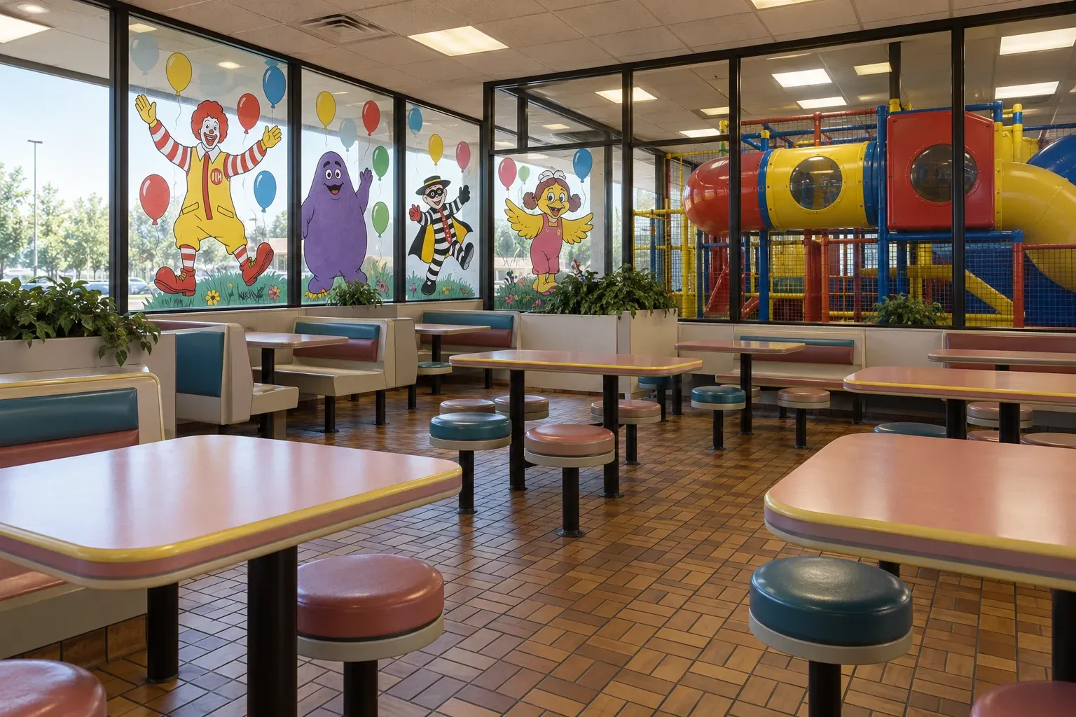Recreated fast-food dining room with cartoon character window murals and an indoor play area.