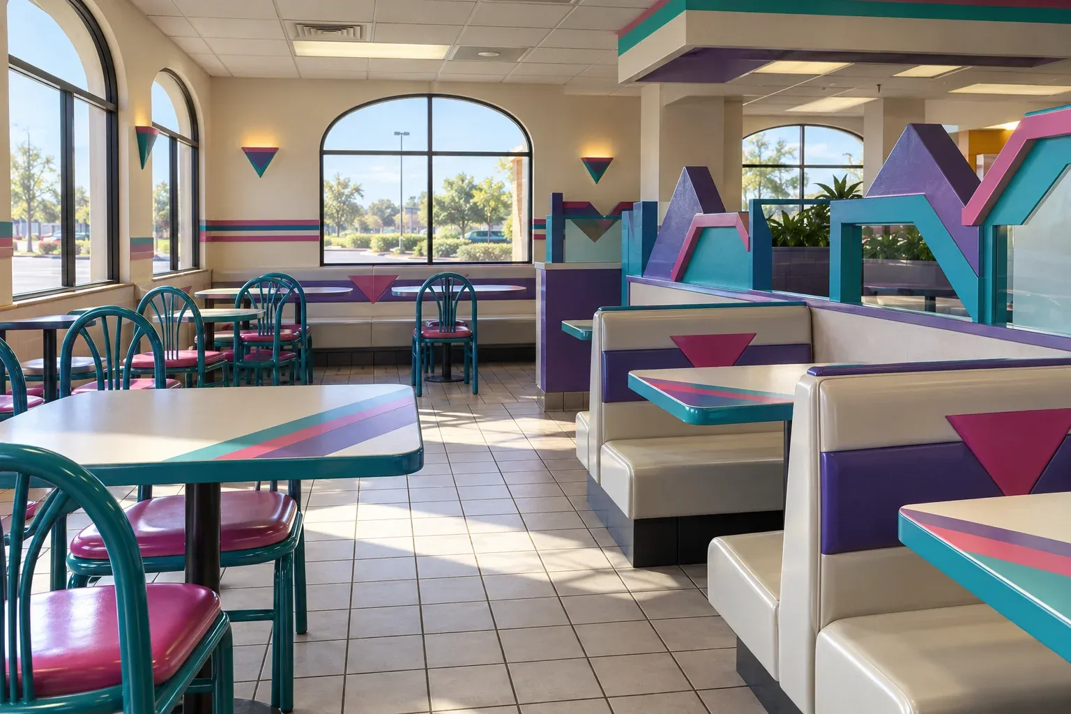Recreated fast-food dining room with teal chairs, pink and purple accents, and geometric dividers.