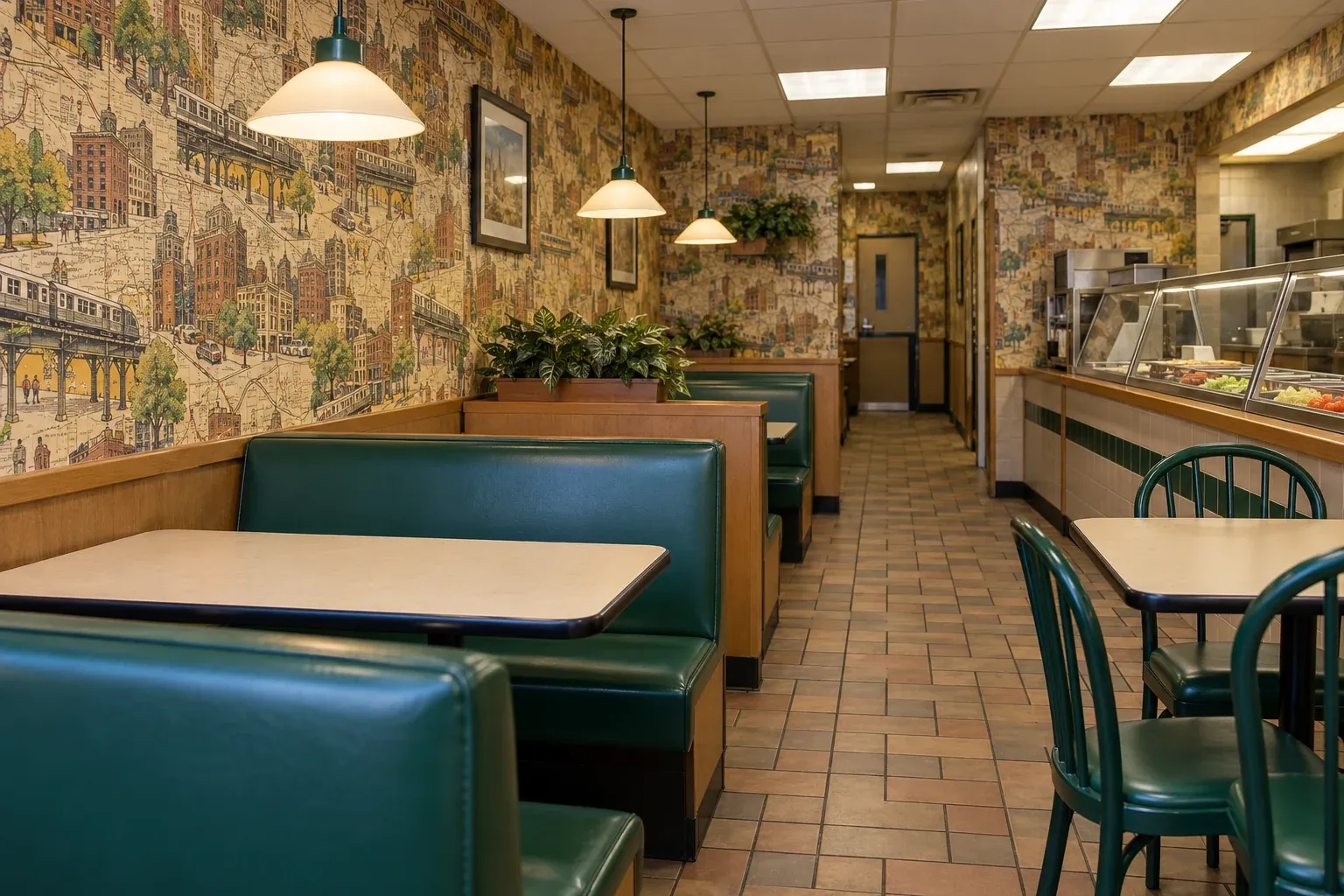 Recreated sandwich-shop dining room with illustrated cityscape wallpaper and green booths.