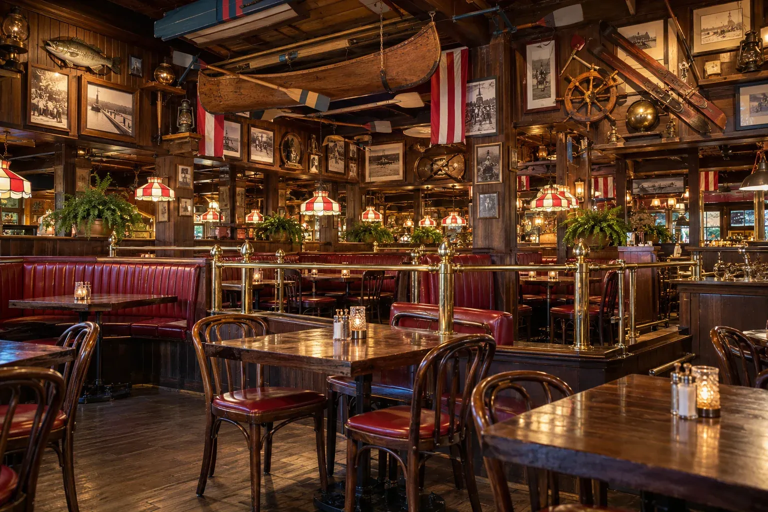 Recreated casual dining room with brass rails, stained-glass lamps, red-and-white accents, and Americana.