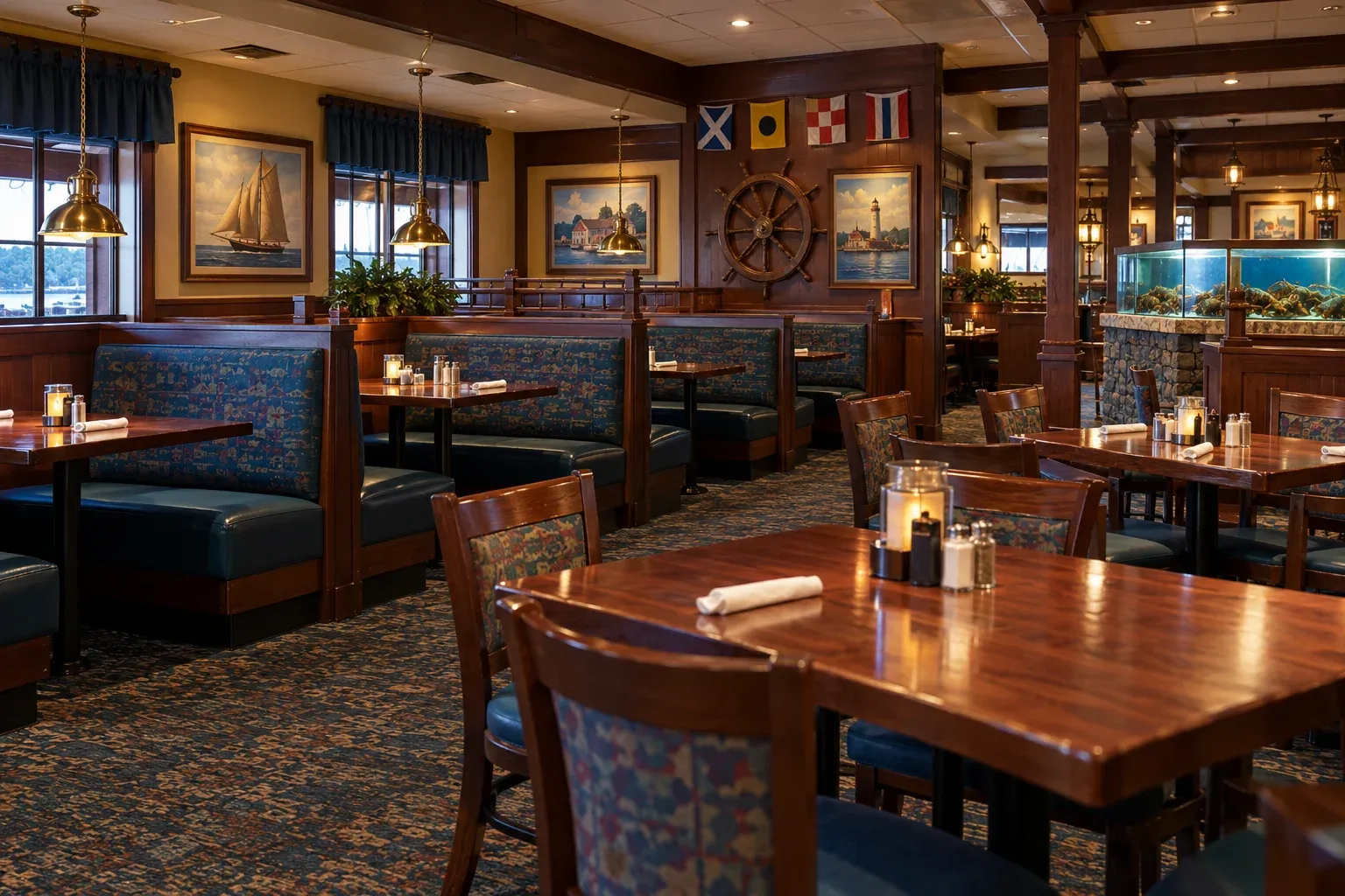 Recreated seafood dining room with blue booths, nautical artwork, signal flags, and a lobster tank.