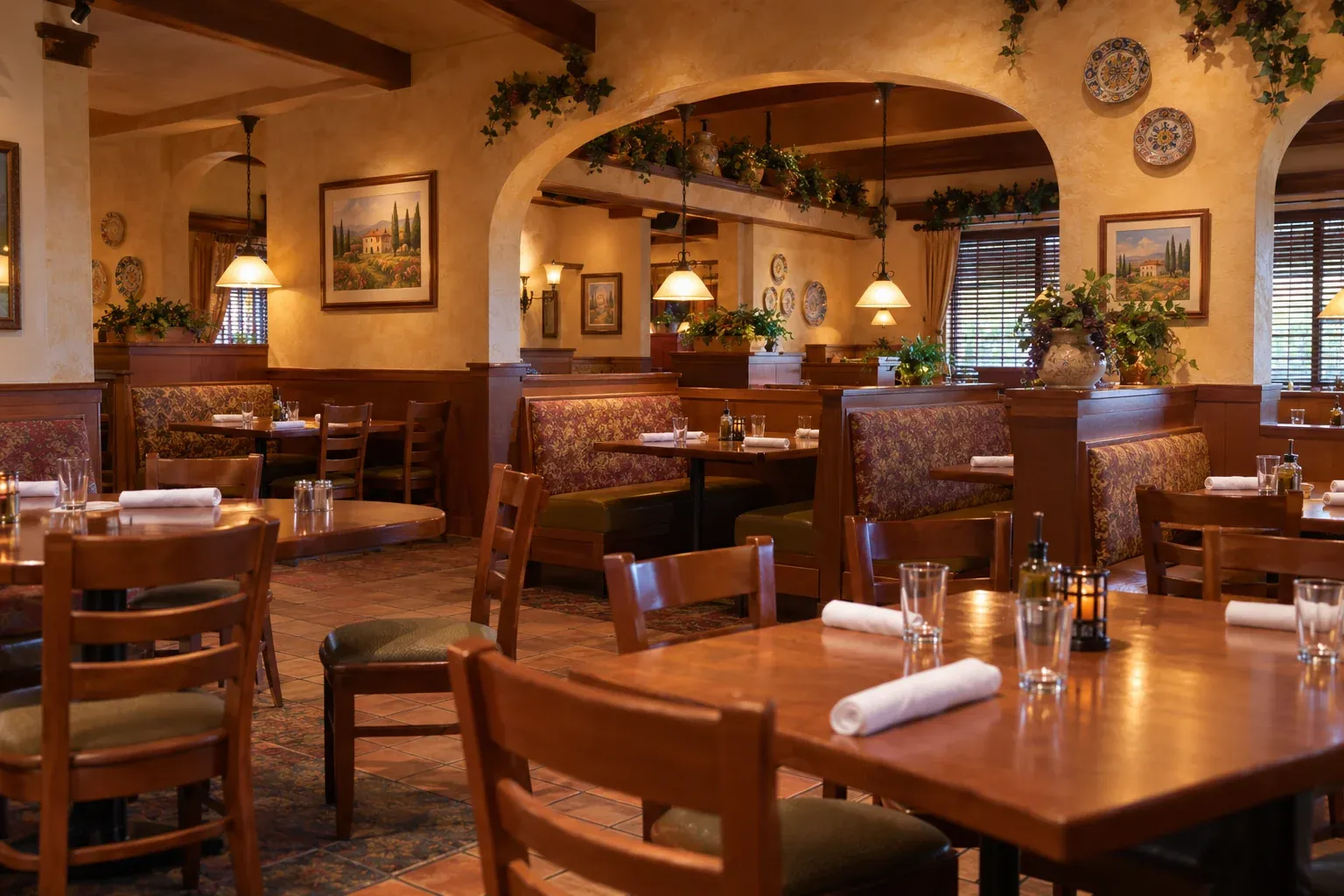 Recreated Italian-style dining room with warm plaster walls, arches, decorative plates, and landscape paintings.
