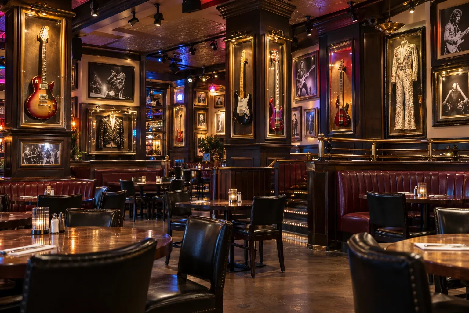 Recreated music-themed dining room with guitars, stage costumes, and concert photographs in display cases.