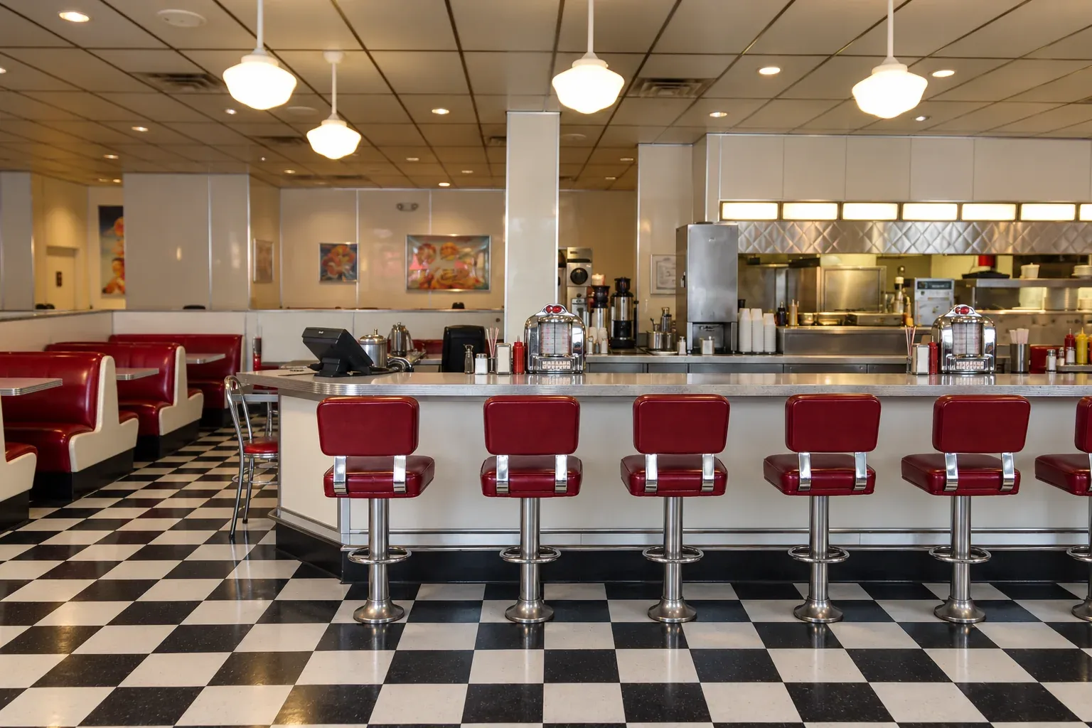 Recreated retro diner with red backed counter stools, chrome tabletop jukeboxes, cream-and-red booths, and a black-and-white checkerboard floor.
