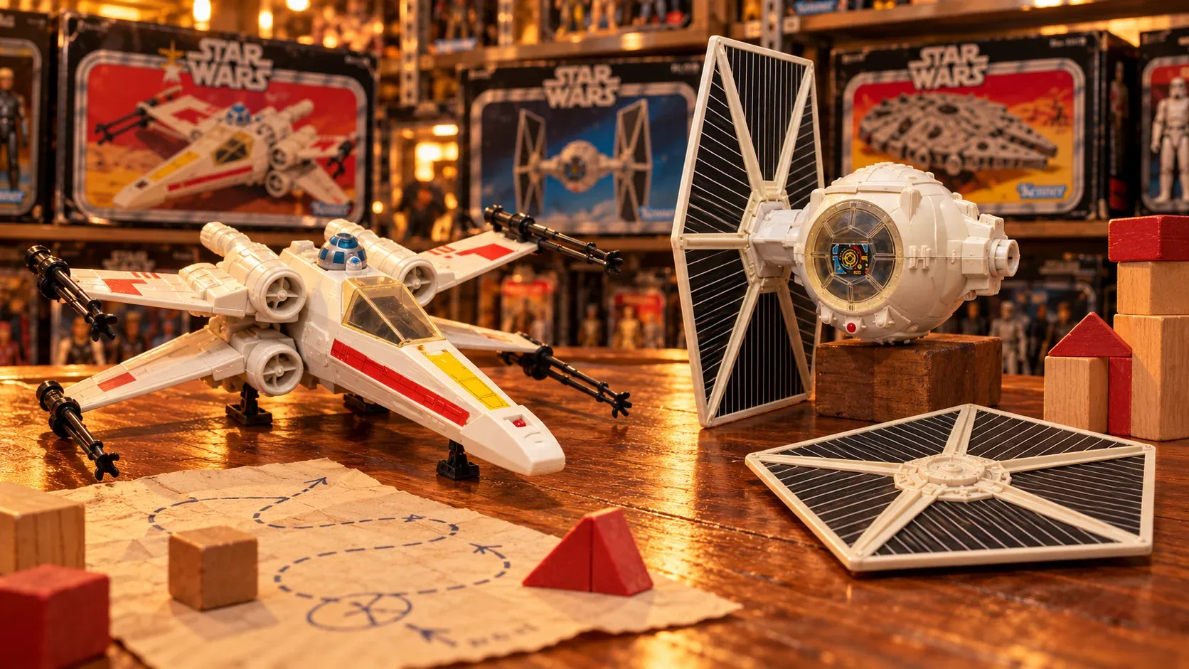 Illustration of vintage Kenner X-wing and TIE Fighter toys on a toy-store counter.