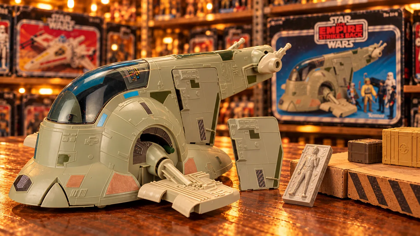 Illustration of Boba Fett’s vintage Kenner Slave I toy in a nostalgic toy-store display.