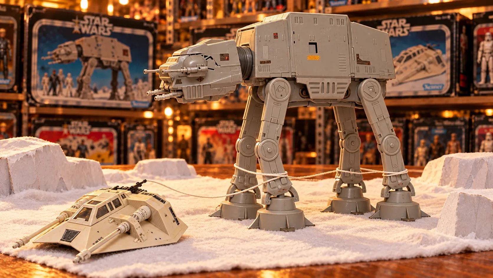 Illustration of vintage Kenner AT-AT and Snowspeeder toys displayed together.