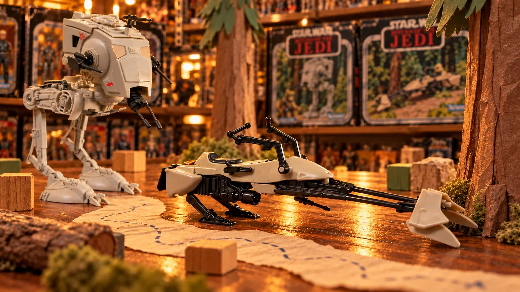 Illustration of vintage Kenner Speeder Bike and AT-ST Scout Walker toys.