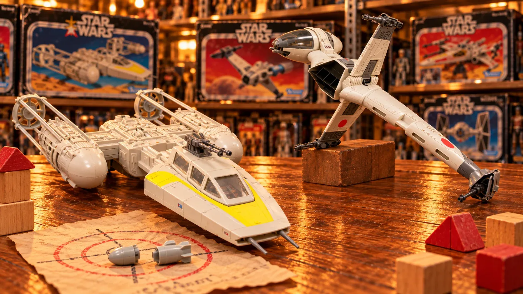 Illustration of vintage Kenner Y-wing and B-wing fighter toys displayed together.