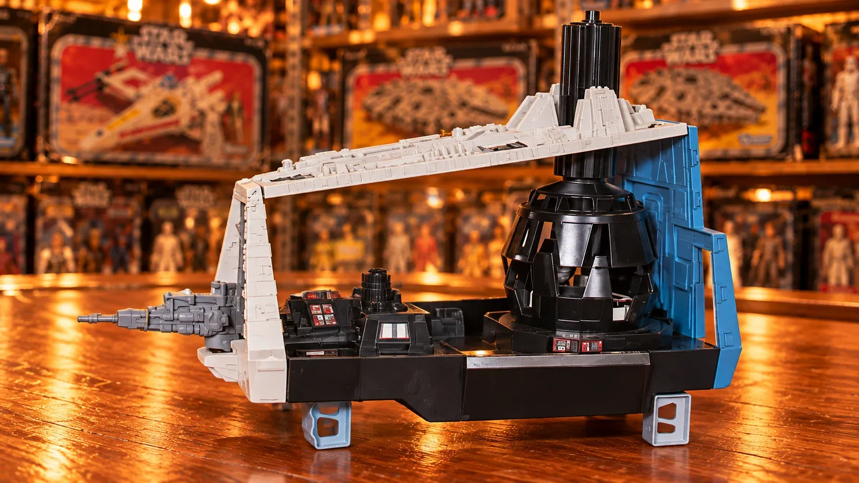 AI-generated illustration of the 1980 Darth Vader’s Star Destroyer playset, showing its open interior and black meditation chamber on a toy-store counter.
