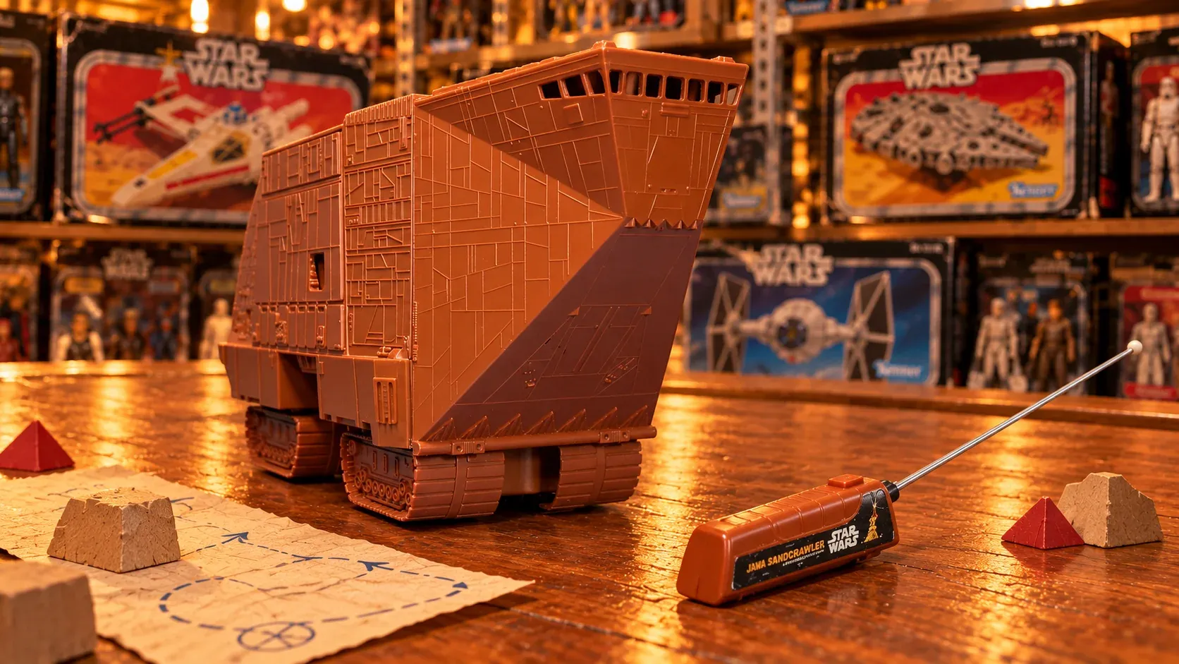 AI-generated illustration of a brown Jawa Sandcrawler toy and wireless controller on a wooden toy-store counter.