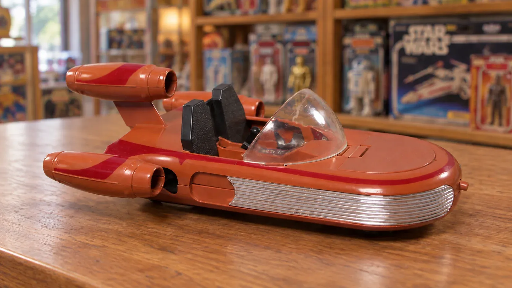 AI-generated illustration of the original Kenner Luke’s Landspeeder toy, with twin black seats, silver nose trim, and three engines, on a toy-store counter.