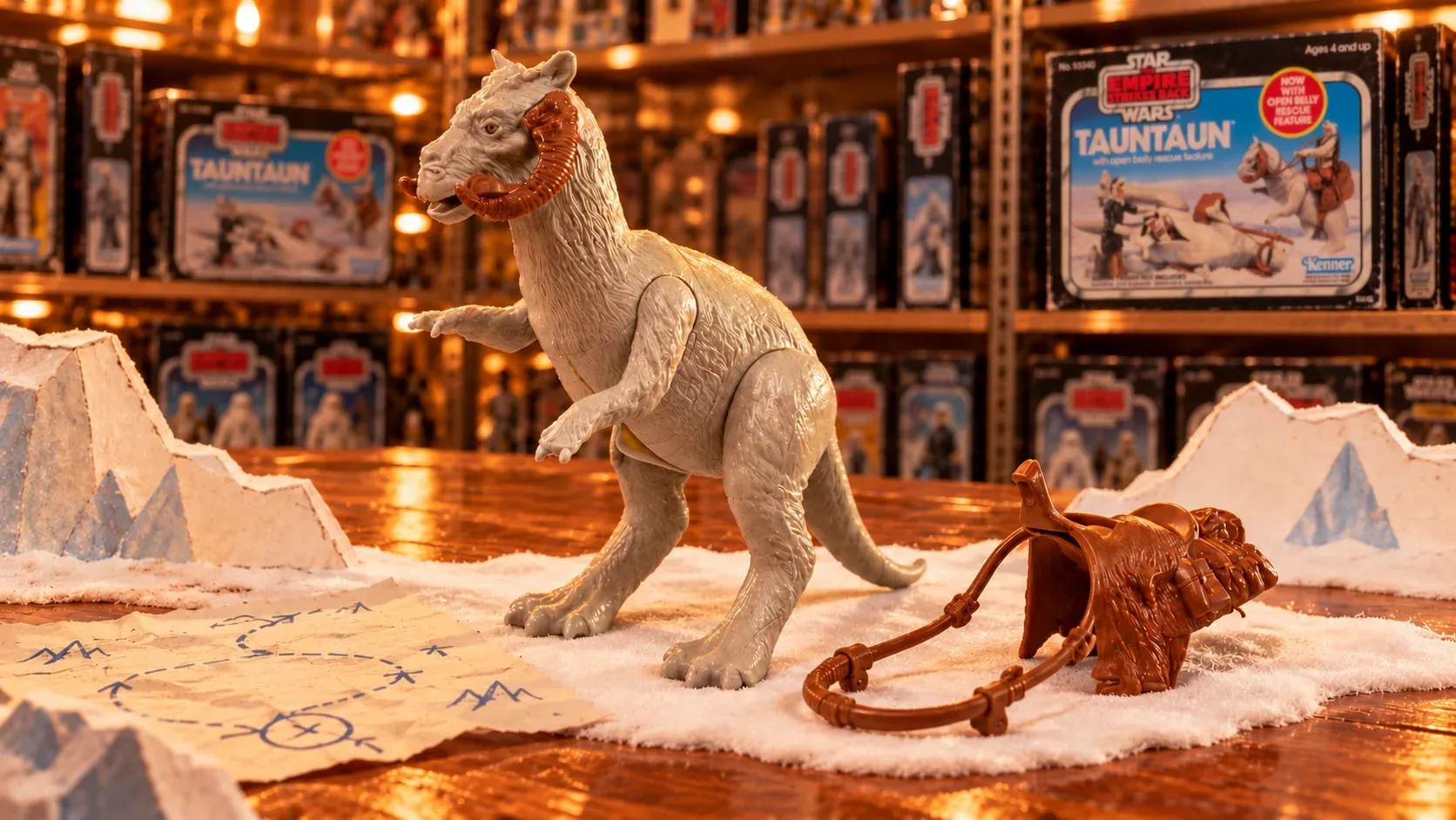 Illustration of a vintage Tauntaun toy with a slightly open belly panel and its detached saddle and reins on a snowy tabletop display.