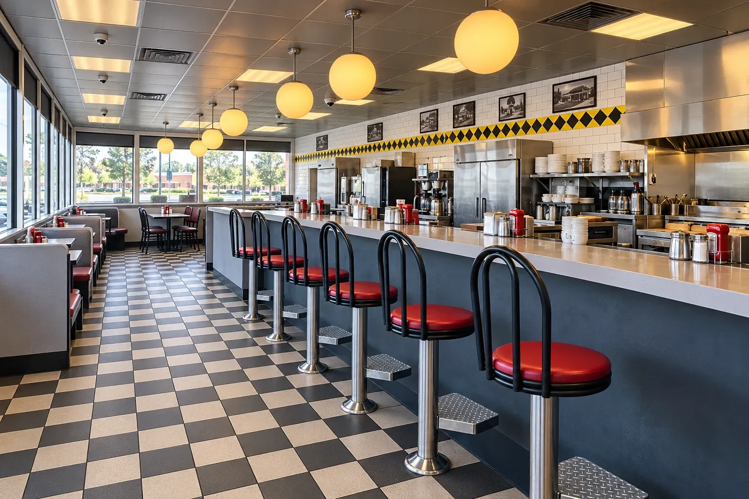 Recreated breakfast diner with a yellow-and-black diamond wall border, warm globe lights, red counter stools with black loop backs, and an open cooking line.