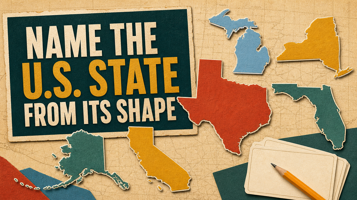 Illustrated U.S. state silhouettes arranged around the title Name the U.S. State From Its Shape