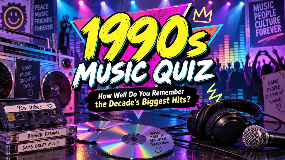 1990s Music Quiz featuring cassette tapes, CDs, boombox and retro music graphics