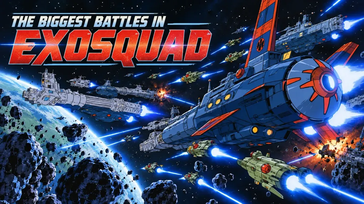 Exosquad spacecraft fighting during a large fleet battle in space
