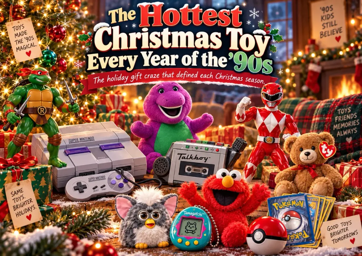 The hottest Christmas toy from every year of the 1990s featuring popular 90s toys like Super Nintendo, Tickle Me Elmo, Furby and Pokémon