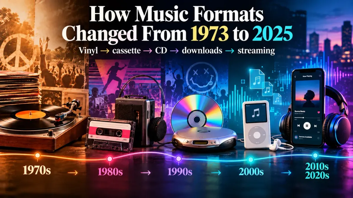 Timeline of music formats from vinyl and cassette to CDs, digital downloads, and streaming from 1970 to 2025