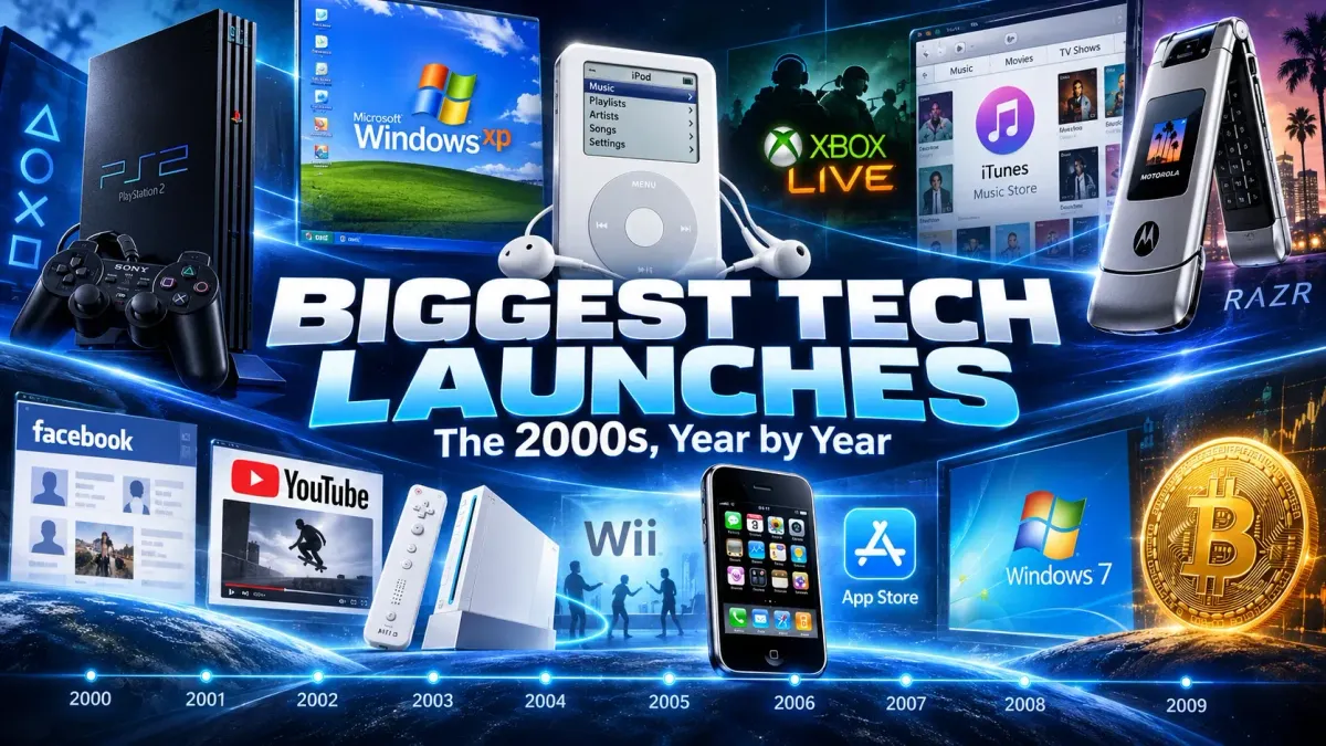 Collage of major 2000s tech launches including the PlayStation 2, iPod, RAZR, Wii, iPhone, Windows, YouTube, Facebook and Bitcoin.