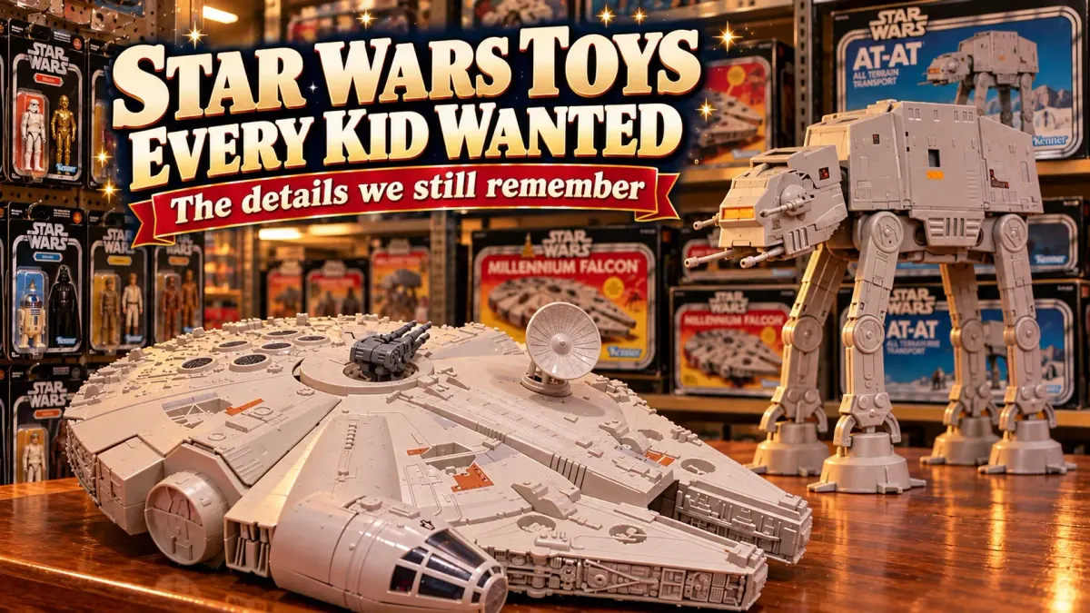 Illustration of vintage Kenner Millennium Falcon and AT-AT toys on a counter, with boxed Star Wars toys on shop shelves behind them.