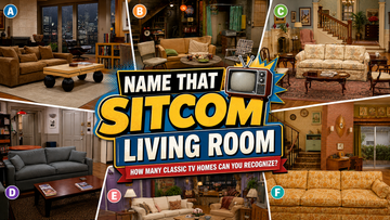 Name That Sitcom Living Room quiz collage featuring six classic television interiors labeled A through F