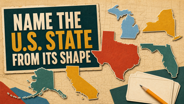 Illustrated U.S. state silhouettes arranged around the title Name the U.S. State From Its Shape