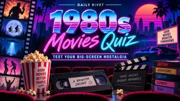 Neon 1980s movies quiz artwork with a VHS tape, film reel, popcorn and cinema marquee