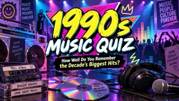 1990s Music Quiz featuring cassette tapes, CDs, boombox and retro music graphics