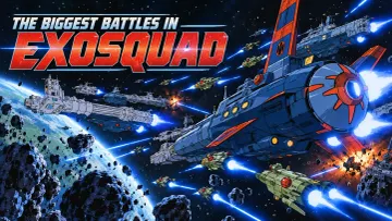 Exosquad spacecraft fighting during a large fleet battle in space