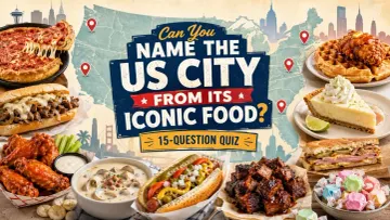 US city food quiz featuring iconic American foods including pizza, cheesesteak, wings, hot dogs, barbecue, key lime pie, and saltwater taffy around a U.S. map