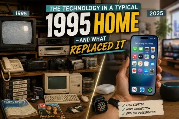 1995 home technology including a CRT TV, landline phone, VCR, desktop computer and other devices compared with a modern smartphone and connected home