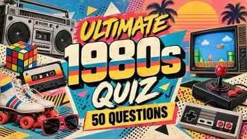 Ultimate 1980s quiz with 50 questions featuring a boombox, cassette tape, Rubik’s Cube, roller skates, arcade joystick, retro TV and game controller.