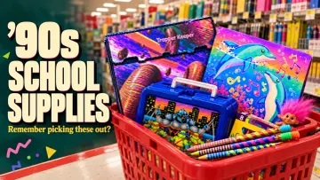 Illustration of a shopping basket filled with colorful 1990s school supplies.