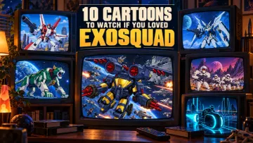Retro televisions displaying an Exosquad E-frame and other animated sci-fi scenes beneath the headline “10 Cartoons to Watch If You Loved Exosquad.”