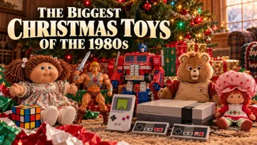 1980s Christmas toys beneath a decorated tree, including Cabbage Patch Kids, He-Man, Transformers, Teddy Ruxpin and Nintendo.